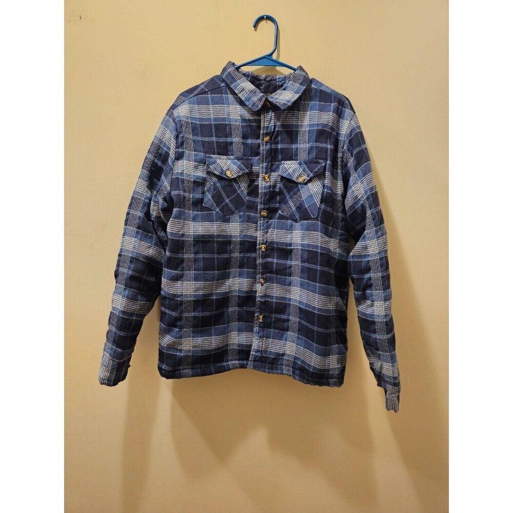 Men's‎ Open Trails Quilted Blue Plaid Flannel Shirt Shacket Size Medium